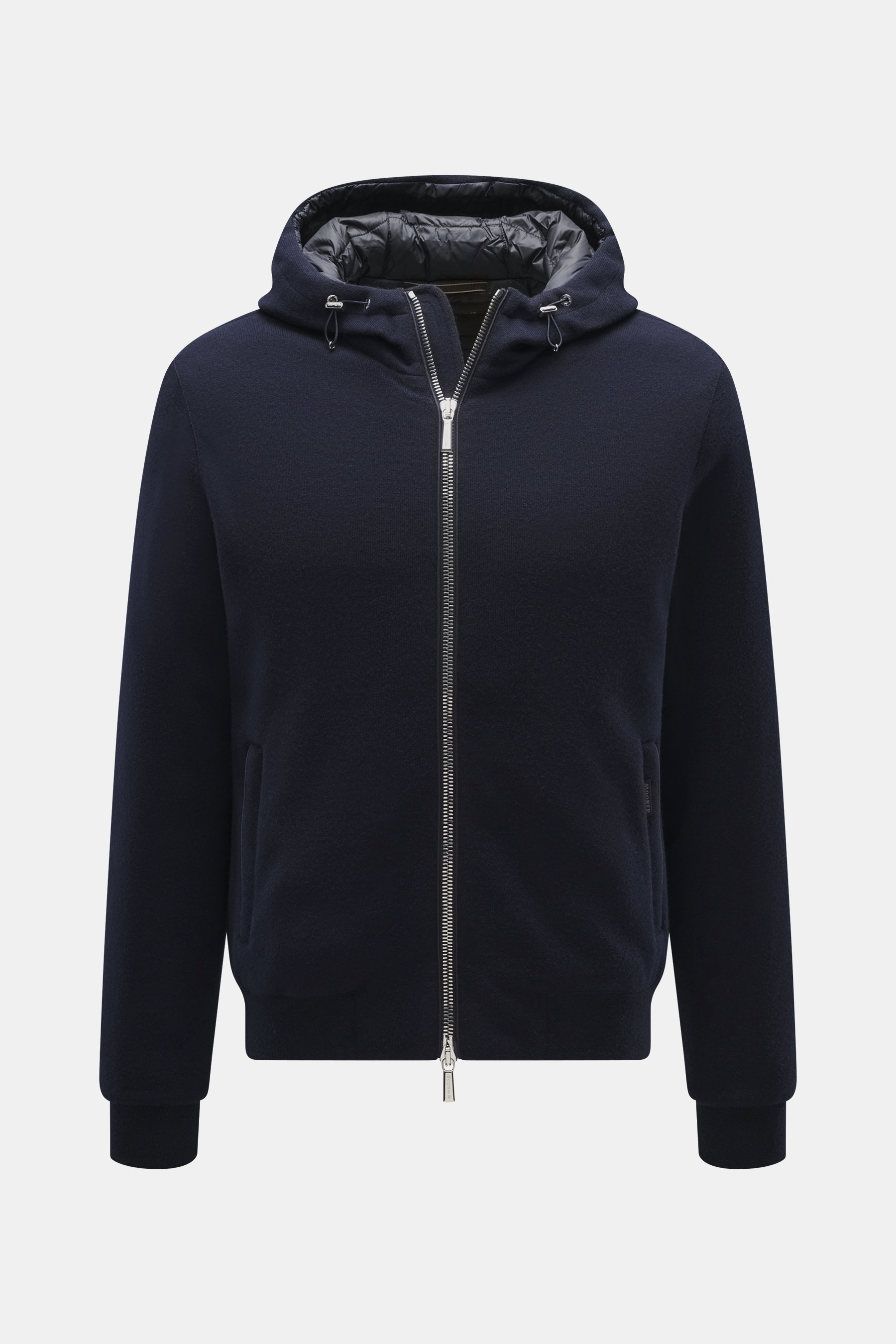 Moorer Daunenblouson 'Brigno' navy, frontal fotografiert, Strick aus Schurwolle und Cashmere, Kapuze mit Tunnelzug, Slim Fit, Daunenfüllung, Zwei-Wege-Reißverschluss.