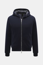 Front view of the Moorer Down blouson 'Brigno' navy, a slim-fit hooded jacket knit from virgin wool-cashmere with quilted lining and robust zipper.