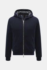Front view of the Moorer Down blouson 'Brigno' navy, a slim-fit hooded jacket knit from virgin wool-cashmere with quilted lining and robust zipper.