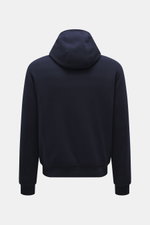 Rear view of Moorer Down blouson 'Brigno' navy in slim fit, knit from virgin wool-cashmere with hood and elastic rib cuffs.