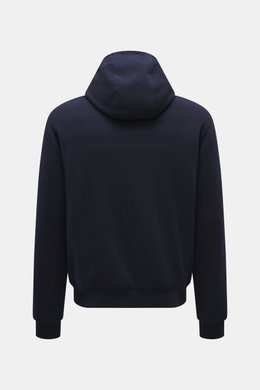 Rear view of Moorer Down blouson 'Brigno' navy in slim fit, knit from virgin wool-cashmere with hood and elastic rib cuffs.