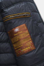 Close-up inside view of the Moorer Down blouson 'Brigno' navy showing quilted lining, zippered inner pocket, and Finest Down label.