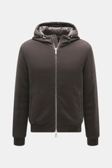 Front view of the Moorer Down blouson 'Brigno' grey-brown melange, a slim-fit knitted jacket with a hood, two-way zipper, elastic cuffs, and warm down filling. High performance at temperatures from above freezing to below: The knitted down blouson 'Brigno