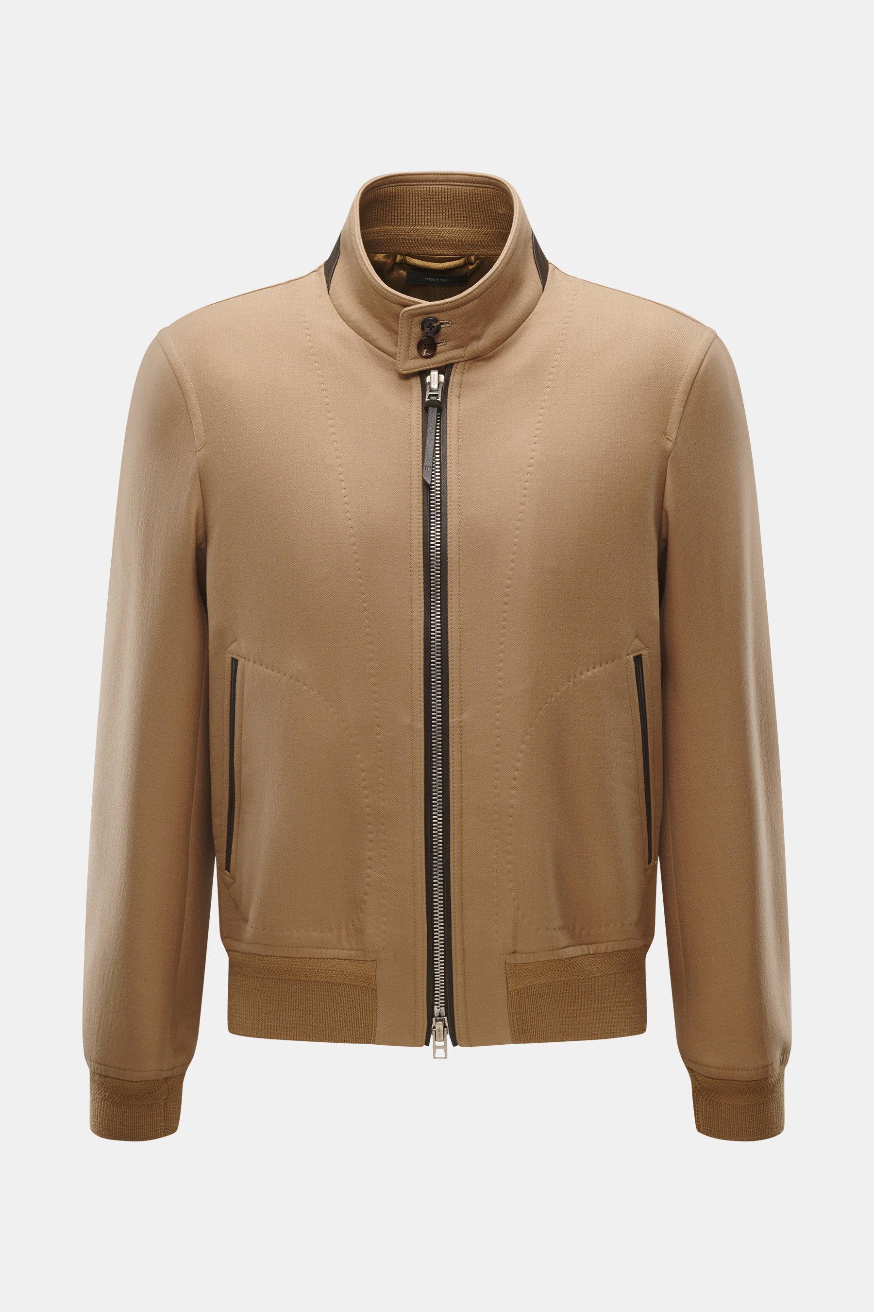 Front view of Tom Ford Blouson light brown in a slim fit with a two-way zipper, stand-up collar with strap, and slanted hip pockets.