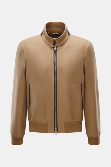Front view of Tom Ford Blouson light brown in a slim fit with a two-way zipper, stand-up collar with strap, and slanted hip pockets.