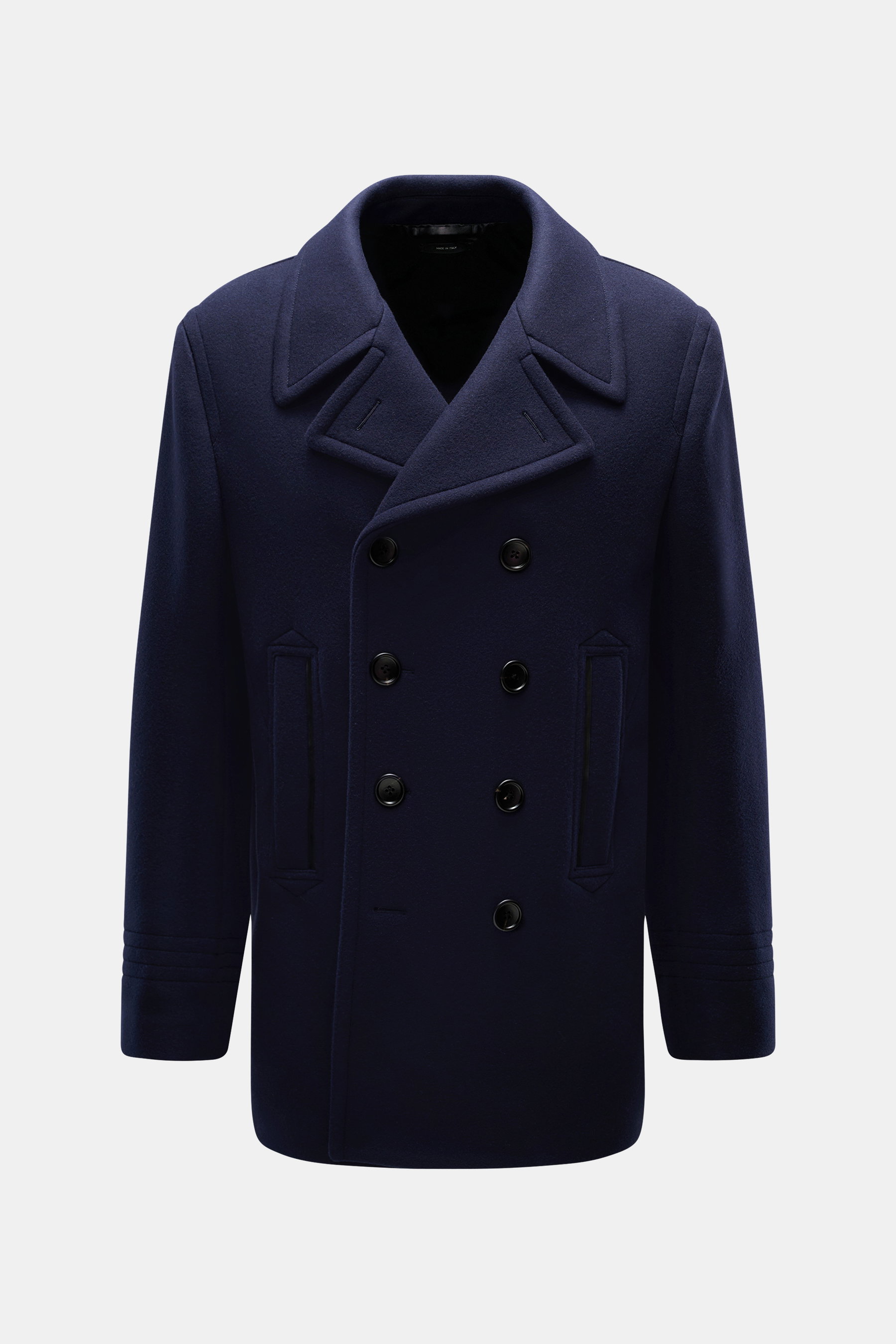 Tom Ford Cabanjacke navy aus reiner Wolle, Slim Fit, zweireihig, breiter Reverskragen mit Leder, schräge Taschen, glattes Futter, Frontansicht.