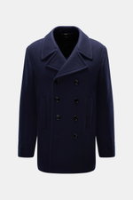 Tom Ford Cabanjacke navy aus reiner Wolle, Slim Fit, zweireihig, breiter Reverskragen mit Leder, schräge Taschen, glattes Futter, Frontansicht.