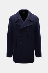 Tom Ford Cabanjacke navy aus reiner Wolle, Slim Fit, zweireihig, breiter Reverskragen mit Leder, schräge Taschen, glattes Futter, Frontansicht.