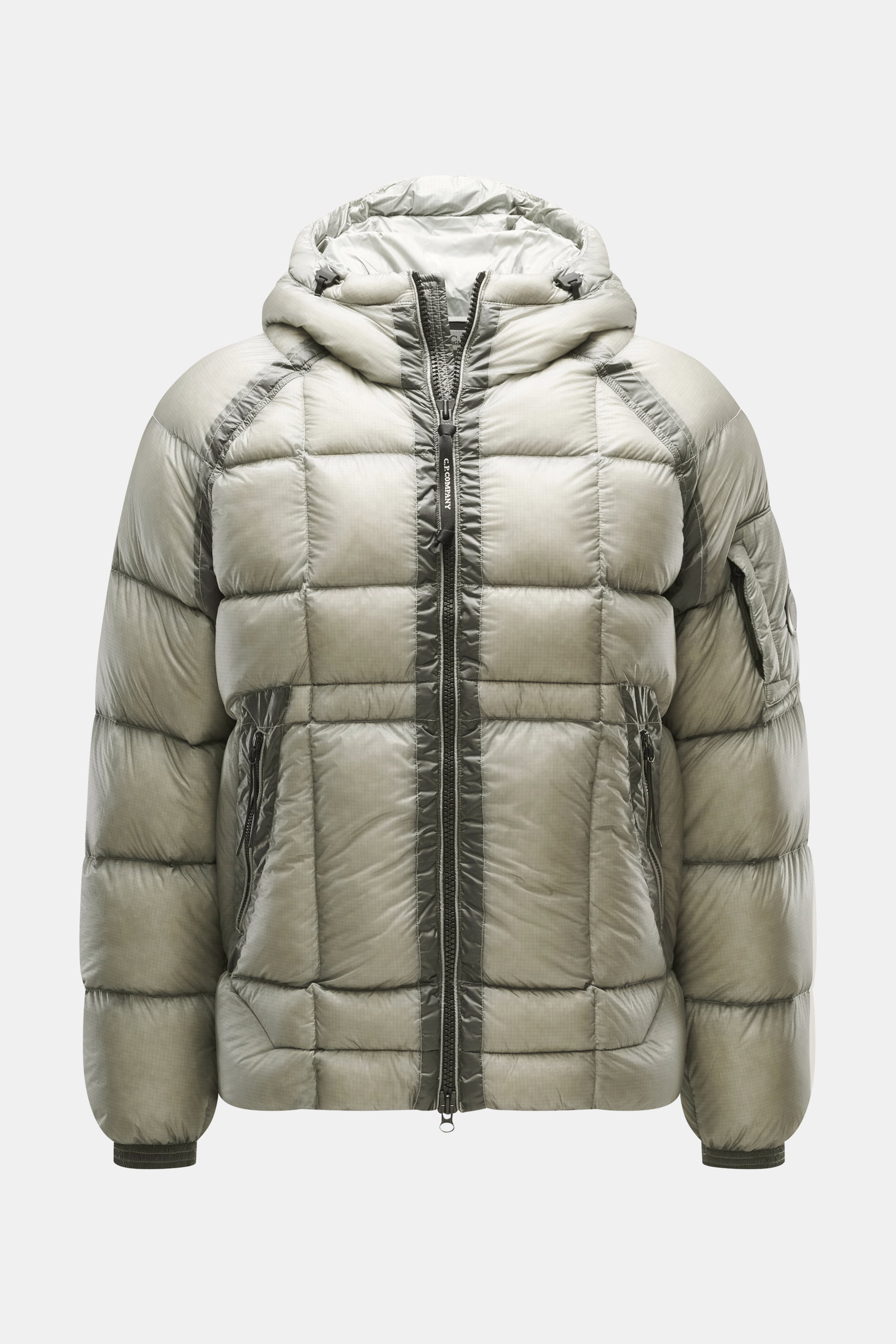 Front view of C.P. Company Down jacket 'DD Shell' sage in lightweight microfiber ripstop with soft feel, padded collar, pockets, and adjustable hem.