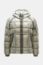 Front view of C.P. Company Down jacket 'DD Shell' sage in lightweight microfiber ripstop with soft feel, padded collar, pockets, and adjustable hem.