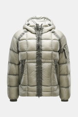 Front view of C.P. Company Down jacket 'DD Shell' sage in lightweight microfiber ripstop with soft feel, padded collar, pockets, and adjustable hem.