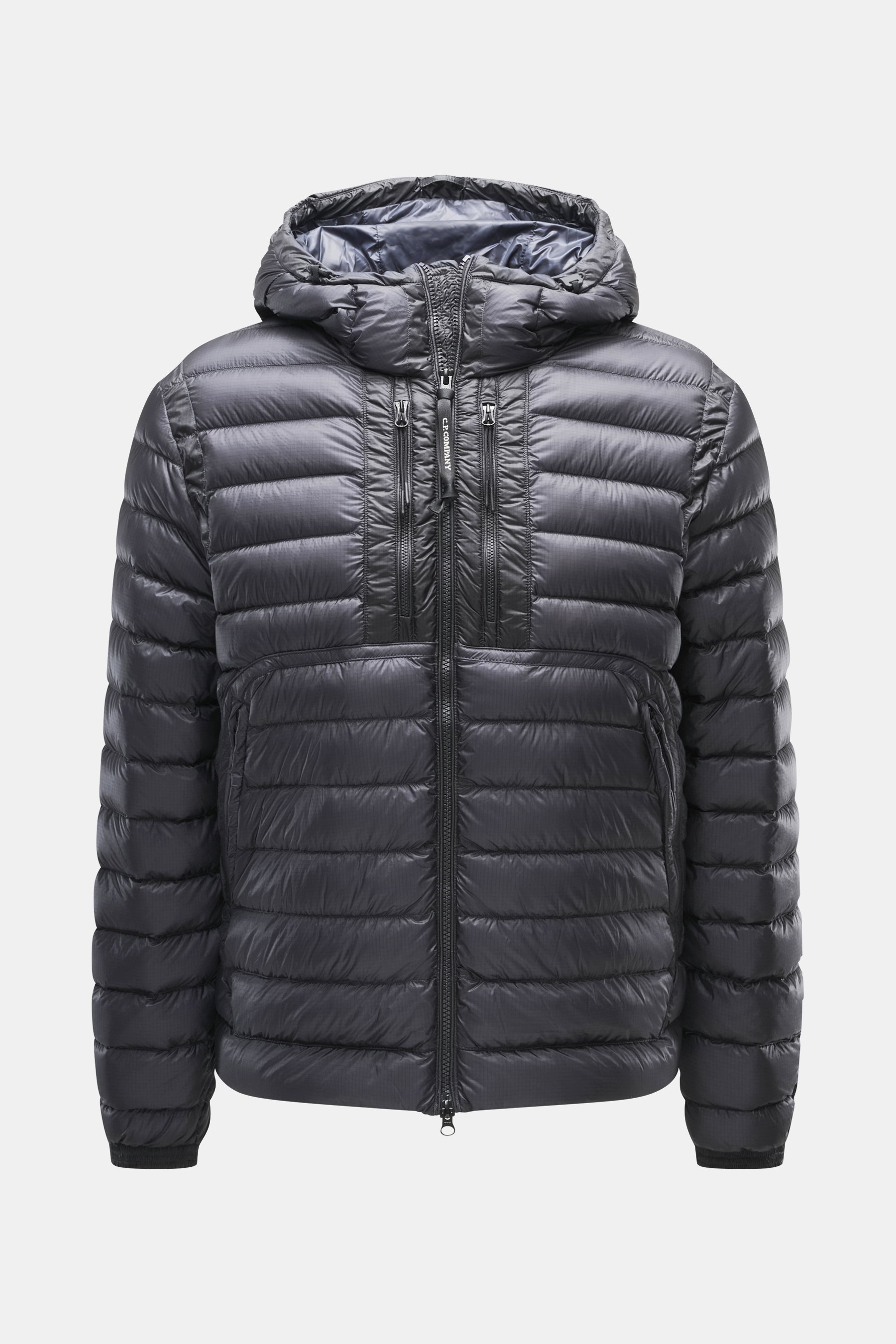 Front view of C.P. Company Down jacket navy made of high-quality microfiber with warm down filling, water-repellent, slim fit, robust two-way zipper, high-closing collar, hood with drawstring and goggle lenses, four zipper front pockets, adjustable hem, e