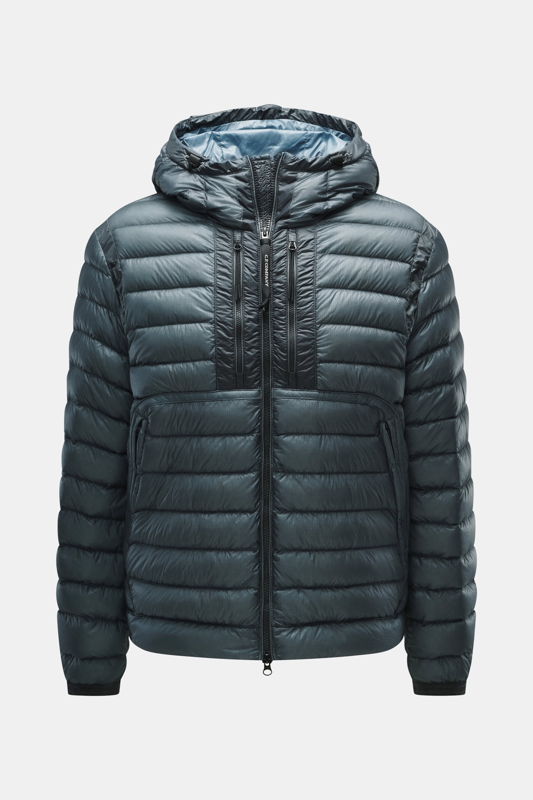 Front view of C.P. Company Down Jacket Petrol in petrol color, high-quality microfiber, warm down filling, slim fit with water-repellent fabric, robust two-way zipper, high-closing collar, hood with drawstring and goggle lenses, four zipper front pockets,