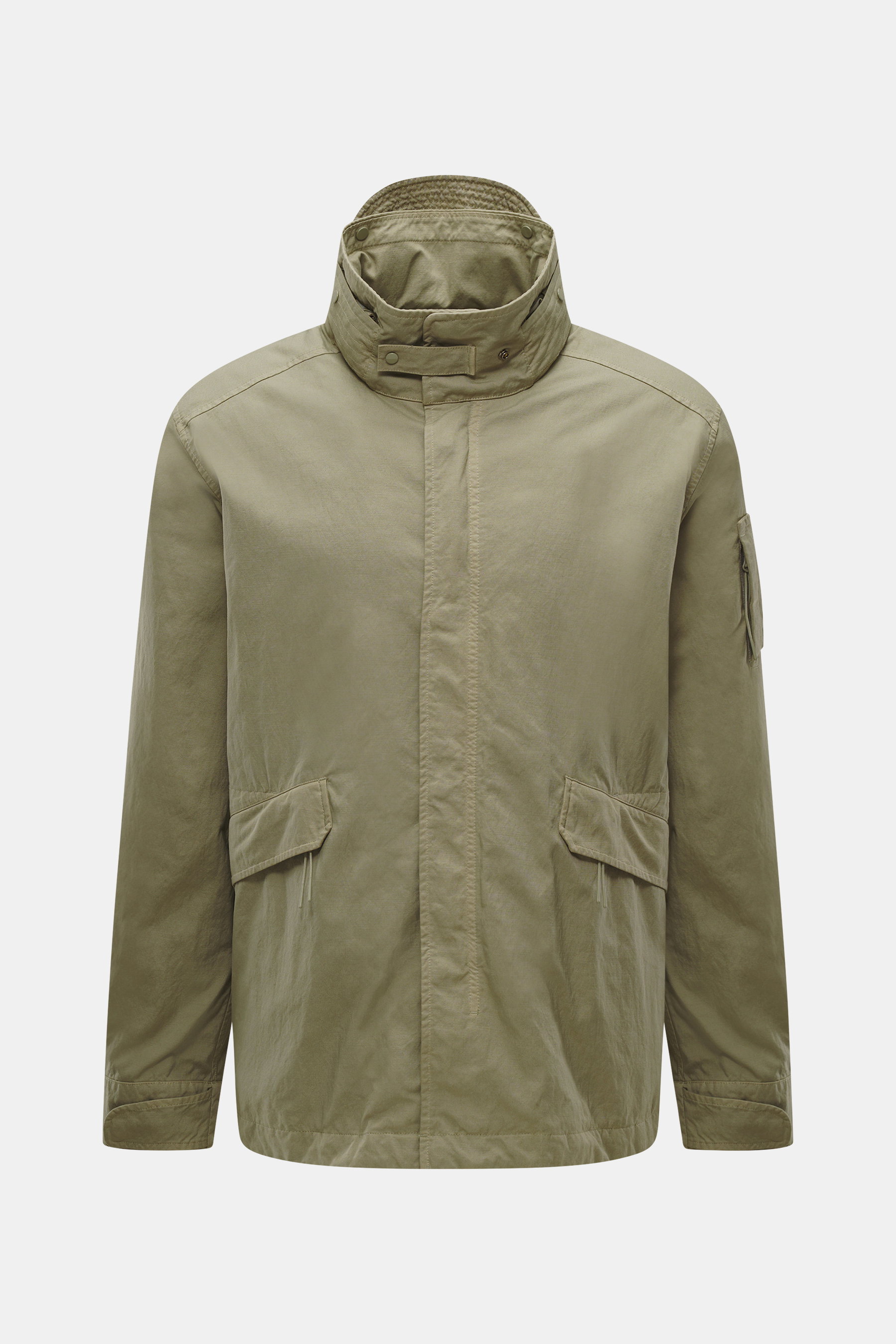 Front view of C.P. Company Down jacket olive in high-quality microfiber, regular fit with removable down filling, durable two-way zipper, wind flap with press studs, high collar with stowable hood, zipper front pockets, adjustable hem, cuff closures with 