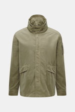 Front view of C.P. Company Down jacket olive in high-quality microfiber, regular fit with removable down filling, durable two-way zipper, wind flap with press studs, high collar with stowable hood, zipper front pockets, adjustable hem, cuff closures with 