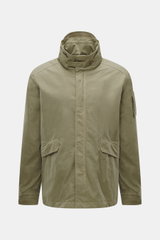 Front view of C.P. Company Down jacket olive in high-quality microfiber, regular fit with removable down filling, durable two-way zipper, wind flap with press studs, high collar with stowable hood, zipper front pockets, adjustable hem, cuff closures with 
