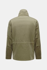 Back view of C.P. Company Down jacket olive in regular fit, high-quality microfiber, removable down filling, durable two-way zipper, wind flap with press studs, high collar with stowable hood, zipper front pockets, adjustable hem, cuff closures with press