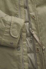Close-up front view of C.P. Company Down jacket olive, showing high-quality microfiber, removable down filling, regular fit, durable two-way zipper, wind flap with press studs, high collar with stowable hood, zipper front pockets, adjustable hem, cuff clo
