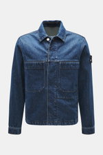 Stone Island Jeansjacke 'Indigo Denim-Rinsed' dunkelblau, Frontansicht, Slim Fit, Baumwoll-Denim mit Umlegekragen, Taschen, Knopfleiste, Kompass-Badge.