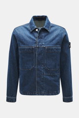 Stone Island Jeansjacke 'Indigo Denim-Rinsed' dunkelblau, Frontansicht, Slim Fit, Baumwoll-Denim mit Umlegekragen, Taschen, Knopfleiste, Kompass-Badge.