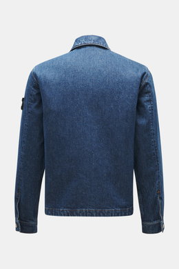 Stone Island Jeansjacke 'Indigo Denim-Rinsed' dunkelblau, reine Baumwolle, Slim Fit, Umlegekragen, Kompass-Badge am Oberarm, Rückansicht.