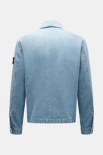 Stone Island Jeansjacke 'Indigo Denim-Rinsed' dunkelblau shown from the back, made of pure cotton denim with a slim fit and compass badge on sleeve.
