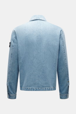 Stone Island Jeansjacke 'Indigo Denim-Rinsed' dunkelblau shown from the back, made of pure cotton denim with a slim fit and compass badge on sleeve.
