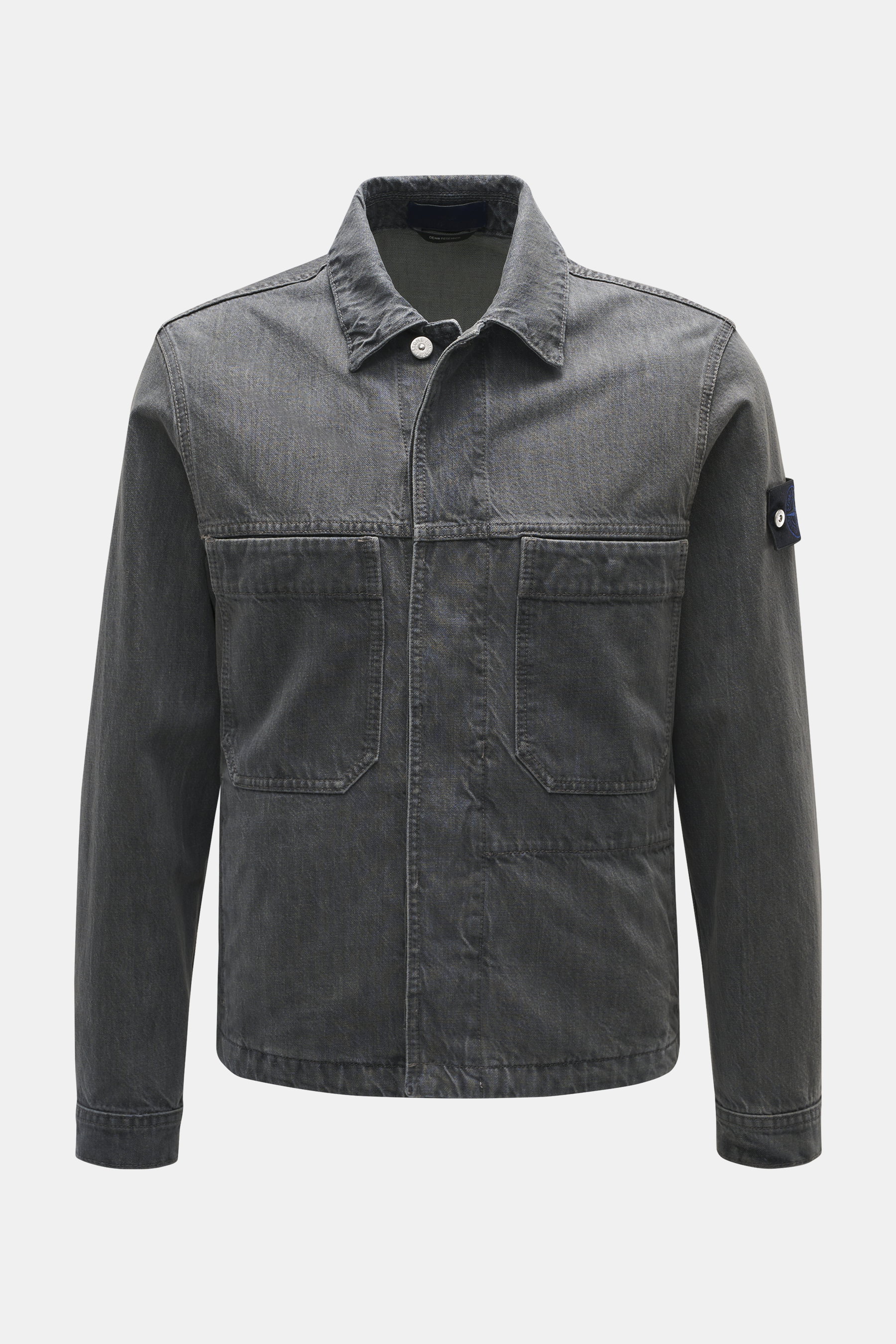 Front view of Stone Island Denim jacket 'Black Denim Light Grey Wash' grey, slim fit in denim made from pure cotton with typical material structure, concealed button placket, turn-down collar, patch chest pockets, piped front pockets, compass badge on upp