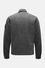 Stone Island Denim jacket 'Black Denim Light Grey Wash' grey shown from back, slim fit denim made from pure cotton, typical material structure, turn-down collar, buttoned sleeve cuffs, compass badge on upper arm.