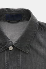 Stone Island Denim jacket 'Black Denim Light Grey Wash' grey shown from front close-up, denim made from pure cotton with typical material structure, slim fit, concealed button placket, turn-down collar, patch chest pockets, piped front pockets, compass ba