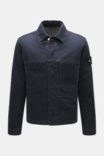 Front view of Stone Island Denim jacket 'Indigo Denim-Rinsed' dark blue in indigo-dyed pure cotton with typical fabric texture, slim fit, concealed button placket, turn-down collar, patch front pockets, button cuffs, and compass badge on the upper sleeve,