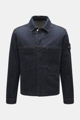 Front view of Stone Island Denim jacket 'Indigo Denim-Rinsed' dark blue in indigo-dyed pure cotton with typical fabric texture, slim fit, concealed button placket, turn-down collar, patch front pockets, button cuffs, and compass badge on the upper sleeve,
