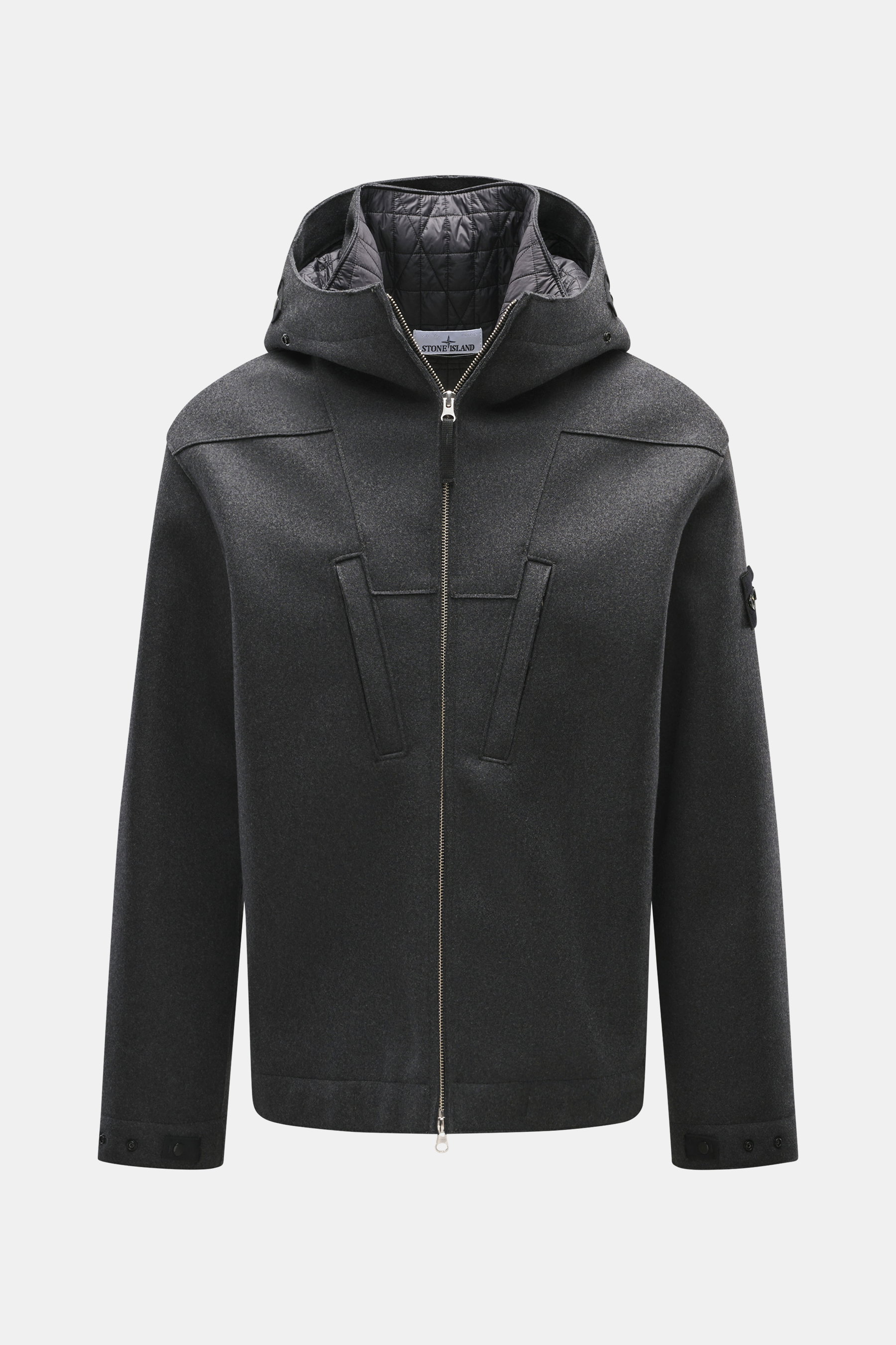 Front view of Stone Island Jacke 'No Seasons Garment Dyed Crinkle Reps NY' graugrün, a slim fit jacket in technical microfiber with a stand-up collar, adjustable hood, and two-way zipper, featuring wind- and water-resistant crinkle nylon fabric, zipper ch