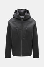 Front view of Stone Island Jacke 'No Seasons Garment Dyed Crinkle Reps NY' graugrün, a slim fit jacket in technical microfiber with a stand-up collar, adjustable hood, and two-way zipper, featuring wind- and water-resistant crinkle nylon fabric, zipper ch
