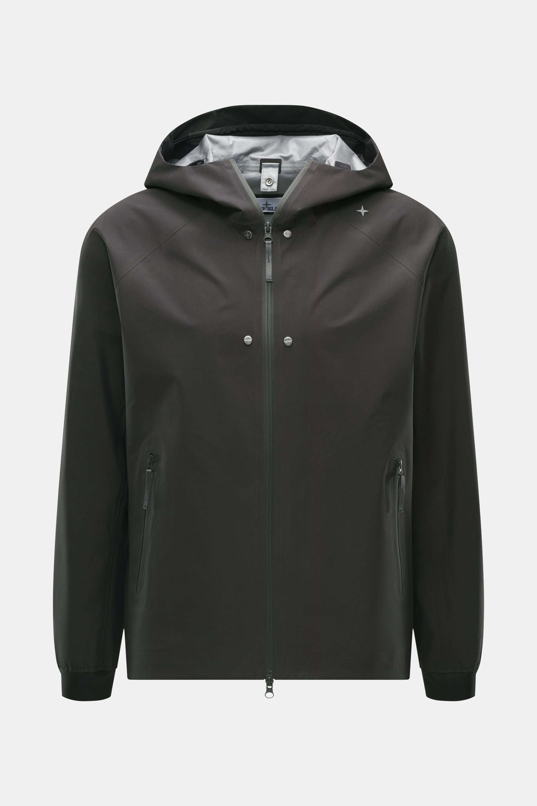 Stone Island Jacke 'Stellina' dunkelgrau, frontale Ansicht, Gore-Tex, wind- und wasserdicht, Kapuze, getapte Reißverschlüsse, Regular Fit, elastische Ärmelbündchen.