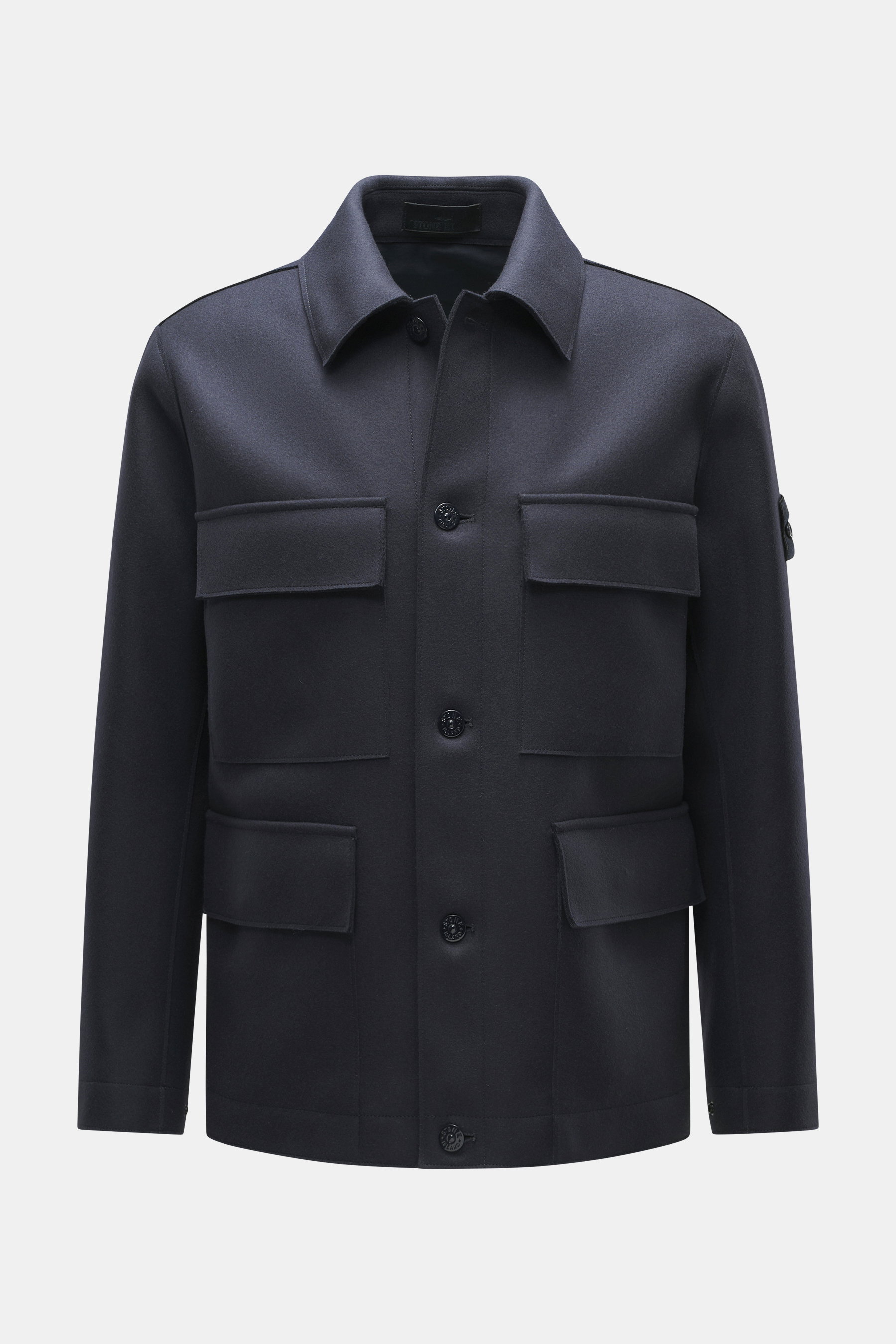 Front view of Stone Island Jacket 'Panno Ghost Piece' navy in slim fit, mix of wool and microfiber, textured feel, five-button placket, patch chest pockets, front flap pockets, turn-down collar, tonal compass badge on sleeve, sleeve cuffs with snap button