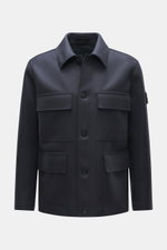 Front view of Stone Island Jacket 'Panno Ghost Piece' navy in slim fit, mix of wool and microfiber, textured feel, five-button placket, patch chest pockets, front flap pockets, turn-down collar, tonal compass badge on sleeve, sleeve cuffs with snap button
