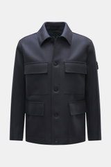 Front view of Stone Island Jacket 'Panno Ghost Piece' navy in slim fit, mix of wool and microfiber, textured feel, five-button placket, patch chest pockets, front flap pockets, turn-down collar, tonal compass badge on sleeve, sleeve cuffs with snap button