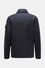 Stone Island Jacket 'Panno Ghost Piece' navy shown from the back, slim fit with mix of wool and microfiber, textured feel, five-button placket, patch chest pockets, front flap pockets, turn-down collar, tonal compass badge on sleeve, snap button cuffs, sm