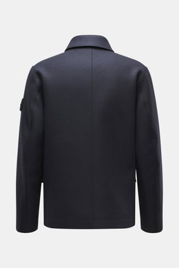 Stone Island Jacket 'Panno Ghost Piece' navy shown from the back, slim fit with mix of wool and microfiber, textured feel, five-button placket, patch chest pockets, front flap pockets, turn-down collar, tonal compass badge on sleeve, snap button cuffs, sm