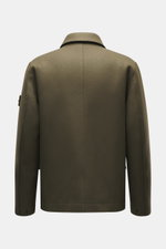 Stone Island Jacket 'Panno Ghost Piece' olive shown from the back, slim fit with mix of wool and microfiber, textured feel, turn-down collar, five-button placket, patch chest pockets, front flap pockets, tonal compass badge on sleeve, buttoned cuffs, smoo