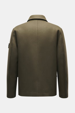 Stone Island Jacket 'Panno Ghost Piece' olive shown from the back, slim fit with mix of wool and microfiber, textured feel, turn-down collar, five-button placket, patch chest pockets, front flap pockets, tonal compass badge on sleeve, buttoned cuffs, smoo