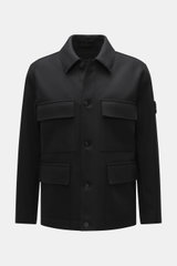 Front view of Stone Island Jacket 'Panno Ghost Piece' black, a slim fit jacket with a mix of wool and microfiber, textured feel, five-button placket, patch chest pockets, front flap pockets, turn-down collar, tonal compass badge on sleeve, snap button cuf