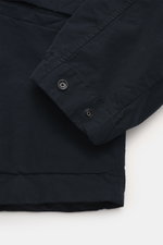 Nahaufnahme der Stone Island Jacke 'David Light-TC Ghost Piece' navy von unten, hochwertige Microfaser, Anti-Drop-Finish, samtiger Griff, Regular Fit, verdeckte Knopfleiste, Umlegekragen, schräge Leistentaschen mit Druckknopf, tonales Kompass-Badge, elast