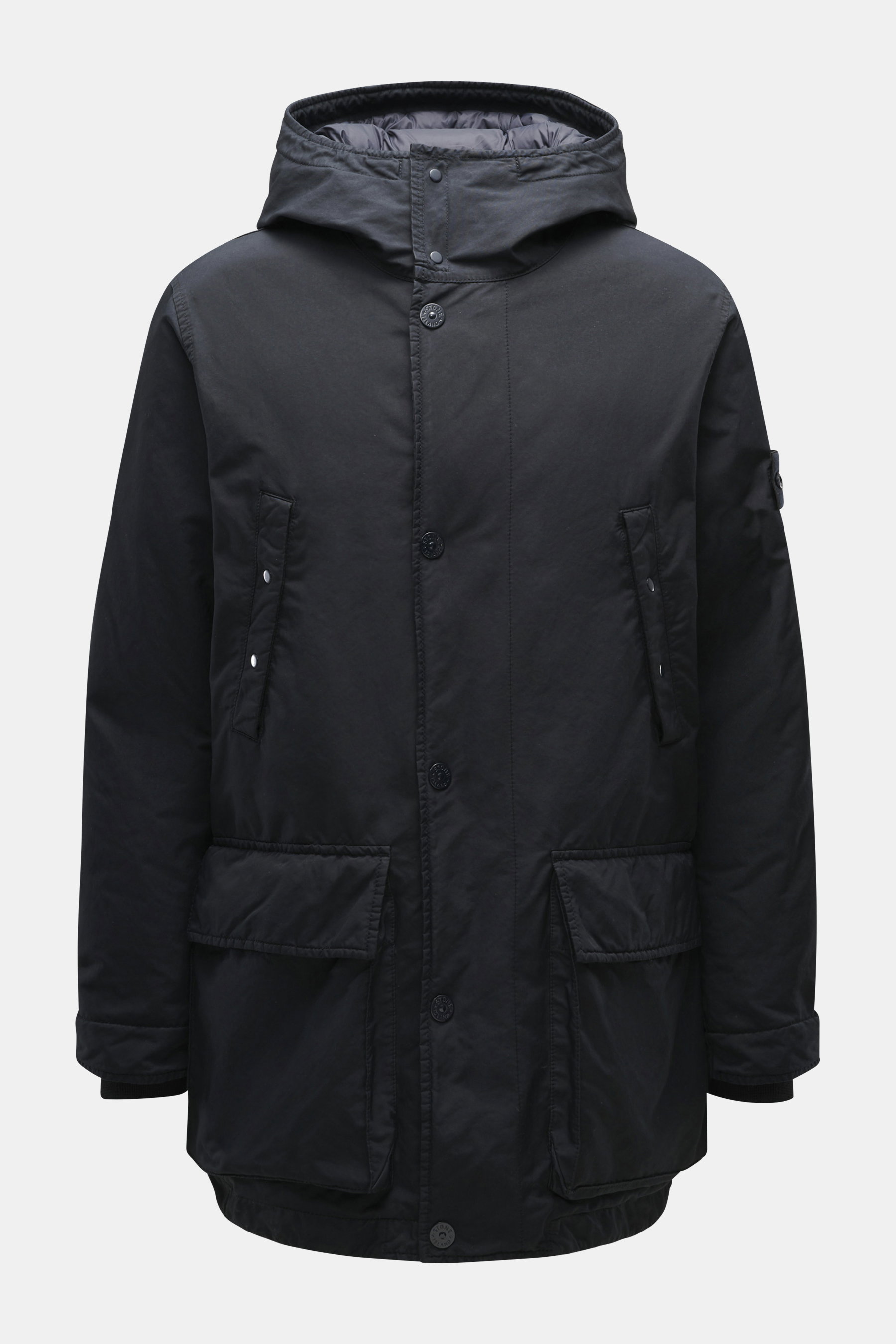 Front view of Stone Island Down Jacket 'Ghost Piece David-TC' navy in high-quality microfiber with a velvety touch, garment dyed, warm down filling, Regular Fit, robust two-way zipper, wind flap with snap buttons, hood with drawstring, tonal compass badge