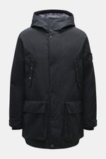 Front view of Stone Island Down Jacket 'Ghost Piece David-TC' navy in high-quality microfiber with a velvety touch, garment dyed, warm down filling, Regular Fit, robust two-way zipper, wind flap with snap buttons, hood with drawstring, tonal compass badge