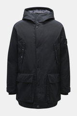 Front view of Stone Island Down Jacket 'Ghost Piece David-TC' navy in high-quality microfiber with a velvety touch, garment dyed, warm down filling, Regular Fit, robust two-way zipper, wind flap with snap buttons, hood with drawstring, tonal compass badge