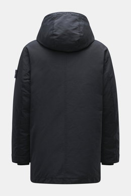 Stone Island Down Jacket 'Ghost Piece David-TC' navy shown from the back, high-quality microfiber, velvety touch, garment dyed, warm down filling, Regular Fit, robust two-way zipper, wind flap with snap buttons, hood with drawstring, tonal compass badge, 