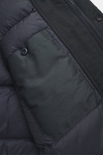 Stone Island Down Jacket 'Ghost Piece David-TC' navy close-up from inside showing high-quality microfiber, velvety touch, garment dyed, warm down filling, Regular Fit, robust two-way zipper, wind flap with snap buttons, hood with drawstring, tonal compass