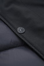 Close-up view of Stone Island Down Jacket 'Ghost Piece David-TC' navy, showing high-quality microfiber with velvety touch, garment dyed fabric, warm down filling, robust two-way zipper, wind flap with snap buttons, hood with drawstring, tonal compass badg